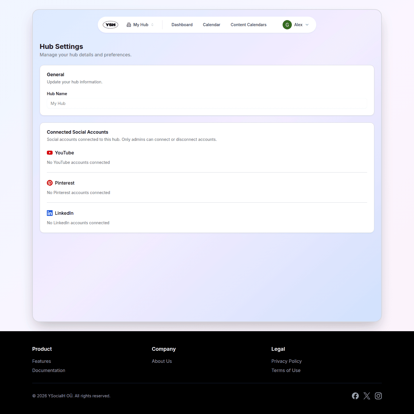 Social accounts section in hub settings
